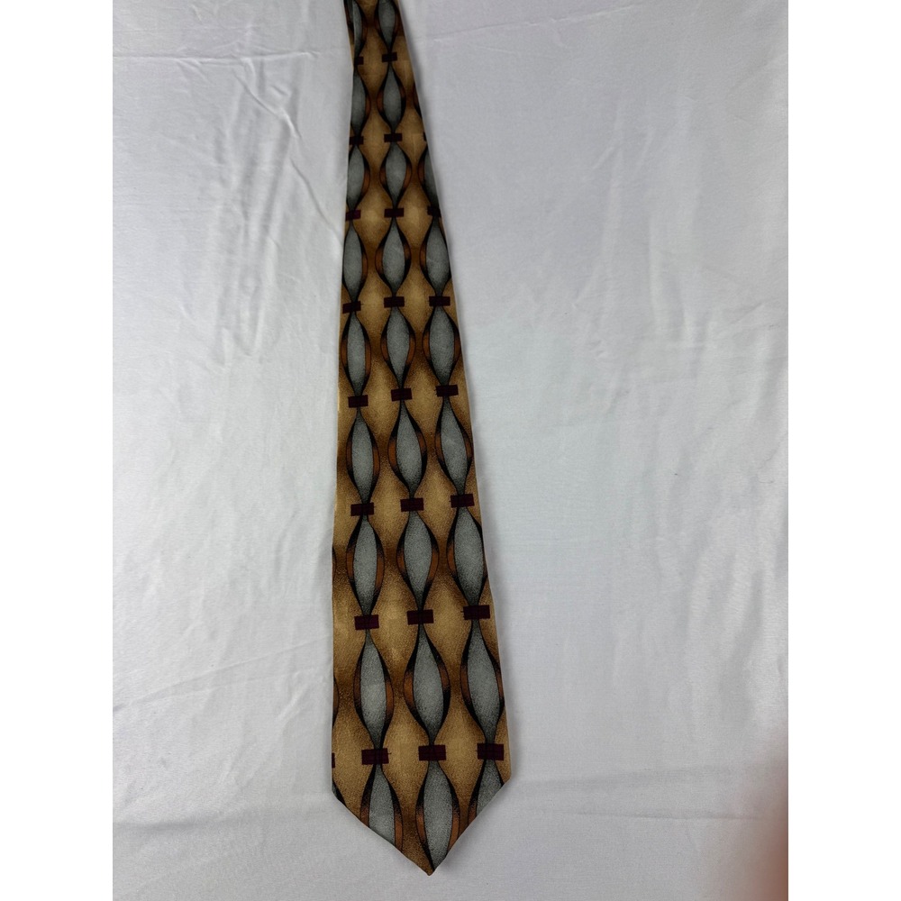 Cellini Linea Uomo Mens Silk Tie Gold Geometric‎ Pattern Made in USA